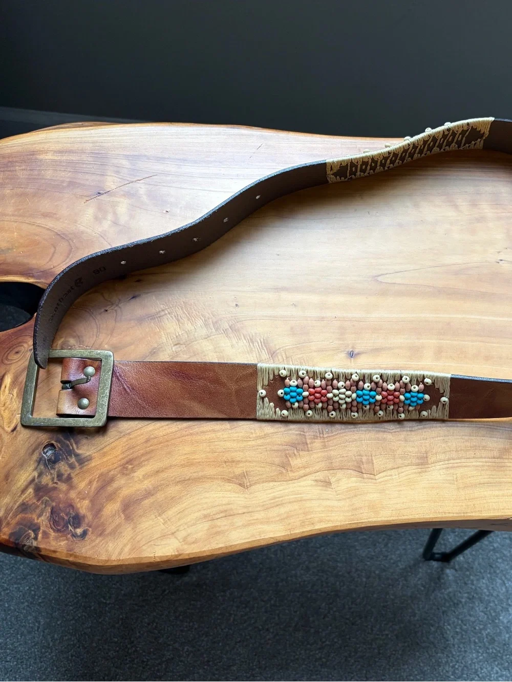 Handcrafted Brown Leather Belt with Turquoise & Coral Bead Accent